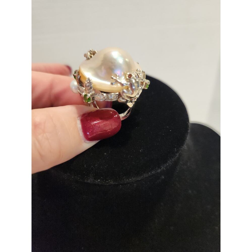 CHAPAL ZENRAY Sterling Silver Cocktail Ring Blister Pearl w Frogs Peridot Garnet
